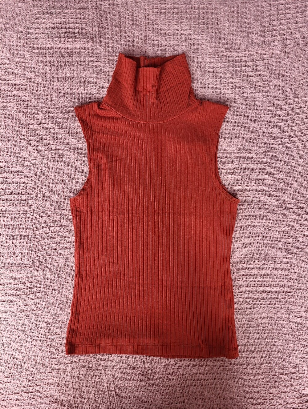 Ribbed Turtleneck Sleeveless Top - Rust Orange